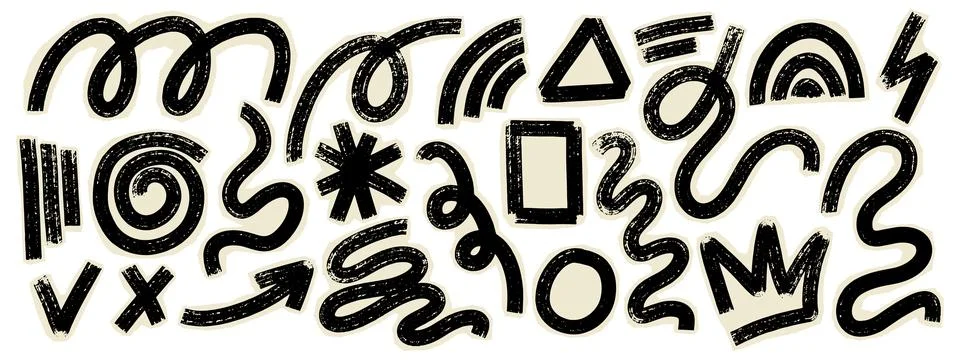 Scrapbook bold brush squiggle set. Thick curly doodle lines, crown, arrow w.. Stock Illustration