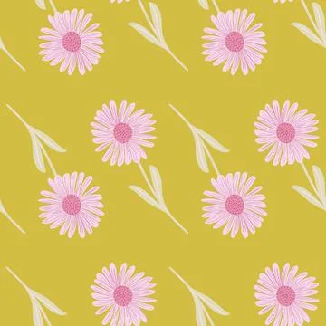 Scrapbook botanic seamless pattern with pink chrysanthemum elements. Yellow b Stock Illustration