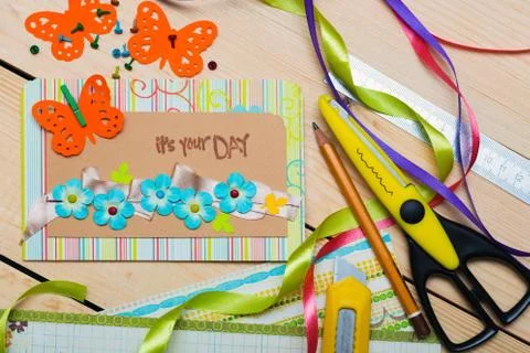 Scrapbook - card and tools Stock Photos
