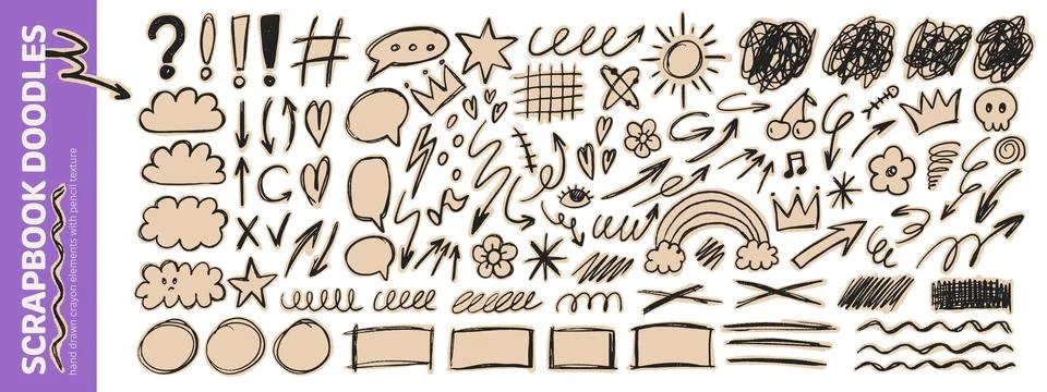 Scrapbook doodle collection with crayon scribble arrows, clouds and underli.. Stock Illustration