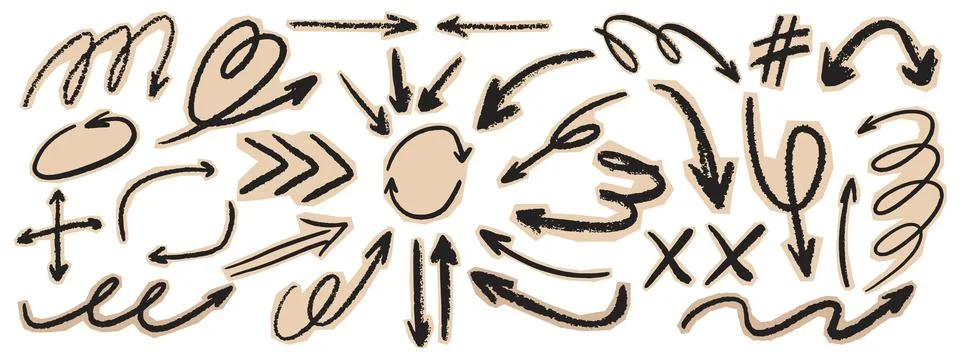 Scrapbook doodle set with crayon scribble arrows. Straight, curved and squi.. Stock Illustration