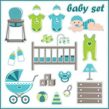 Scrapbook elements with baby boy things Stock Illustration