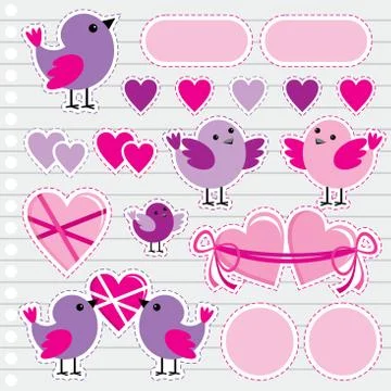 Scrapbook elements with hearts and birds Stock Illustration