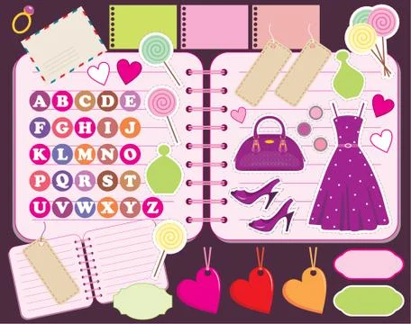 Scrapbook elements with letters and clothes. 스톡 일러스트