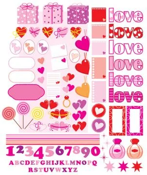 Scrapbook elements with love characters and hearts Stock Illustration