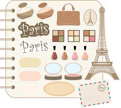 Scrapbook elements with tour d'eiffel and cosmetics Stock Illustration