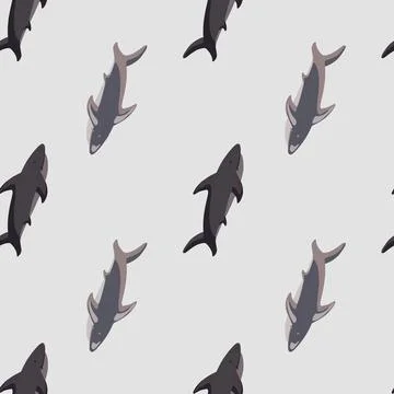 Scrapbook marine seamless pattern with simple style shark silhouettes. Grey b Illustrazione stock