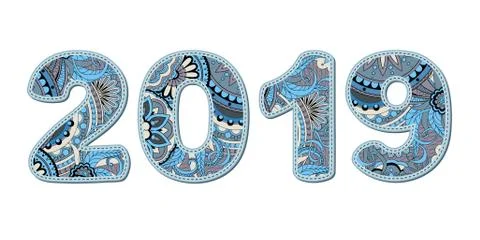 Scrapbook numbers 2019 patterned with blue shapes Illustrazione stock