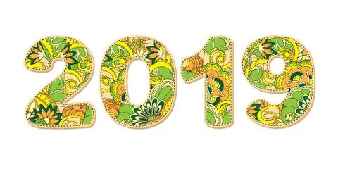 Scrapbook numbers 2019 patterned with green shapes Stock Illustration