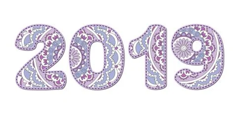 Scrapbook numbers 2019 patterned with violet shapes Illustrazione stock