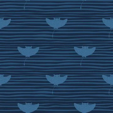 Scrapbook ocean seamless pattern with blue stingray silhouettes. Blue striped Stock Illustration