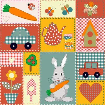 Scrapbook patchwork with bunny and sewn items Stock-Illustration