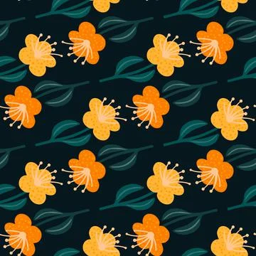 Scrapbook seamless botanic pattern with orange flowe silhouettes. Black backg Illustrazione stock