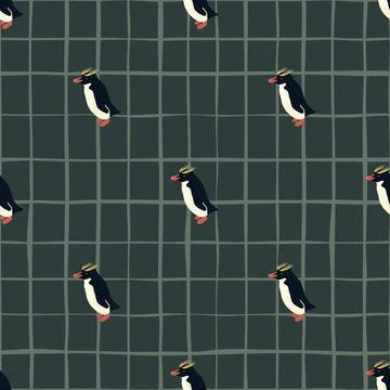 Scrapbook seamless doodle pattern with crested penguins ornament. Blue cheque Stock Illustration