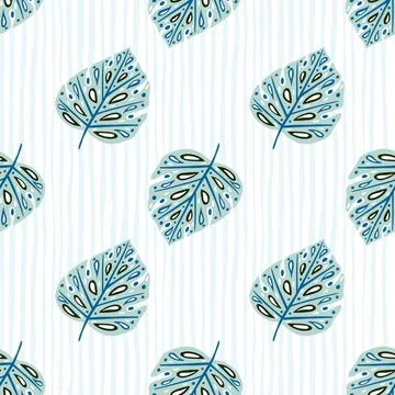 Scrapbook seamless pattern with doodle blue monstera leaf silhouettes. Light  Stock-Illustration