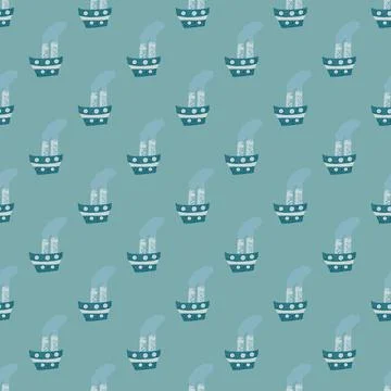 Scrapbook seamless pattern with doodle steamship elements. Blue background. O Stock Illustration