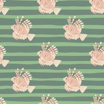 Scrapbook seamless pattern with pastel pink lionfish elements print. Green st Stock Illustration