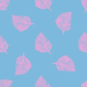 Scrapbook seamless pattern with pink doodle fern leaf silhouettes. Blue backg Illustrazione stock