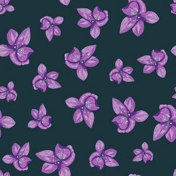 Scrapbook seamless pattern with purple random orchid flower elements. Dark ba 스톡 일러스트
