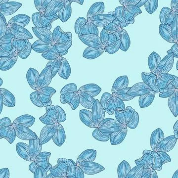 Scrapbook seamless pattern with random blue outline orchid flowers elements.  스톡 일러스트