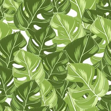Scrapbook seamless pattern with random doodle green monstera leaf silhouettes Stock Illustration