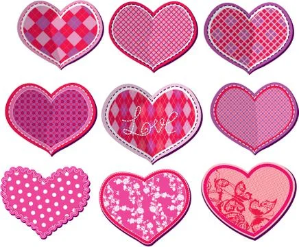 Scrapbook set of hearts in stitched textile style Stock Illustration