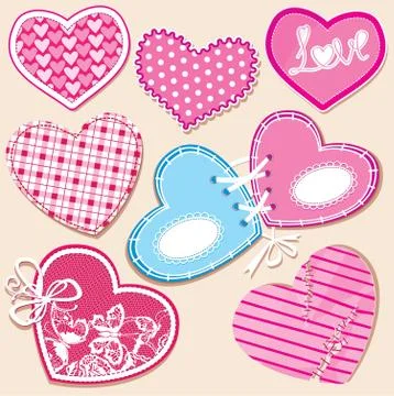 Scrapbook set of hearts in stitched textile style Stock Illustration