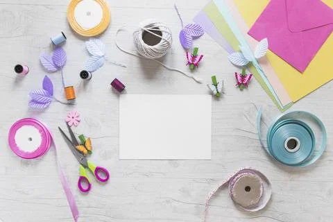 Scrapbooking cards with decorative elements white textured backdrop Foto stock