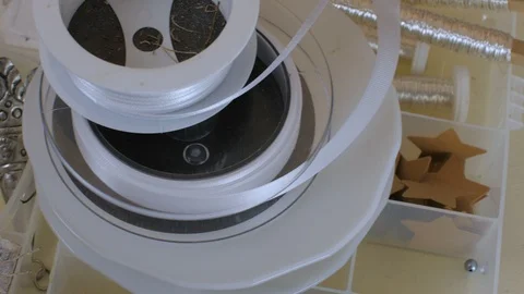 Scrapbooking craft materials Background with sewing tools and colored tape Stock Footage 88558277