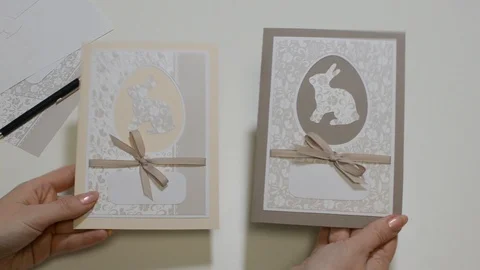 Scrapbooking greeting cards with a rabbit Stock Footage 89726598