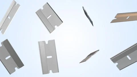 Scraper Blades Falling on a Light Blue Background. Razor Blade 3D Animation. 4K Stock Footage 303912655