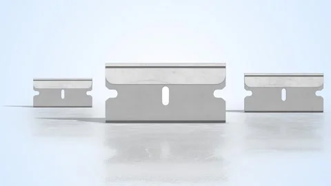 Scraper Blades on a Light Reflective Floor. Stylized Razor Blades 3D Animation. Stock Footage 303914062