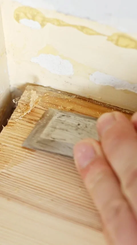 Scraping old glue and adhesive residue from wood floor edge near baseboard Stock Footage 321671164