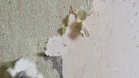 Scraping old wallpaper from the wall with spatulas and improvised means Stock Footage 168874008
