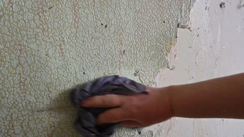 Scraping old wallpaper from the wall with spatulas and improvised means Stock Footage 168920966