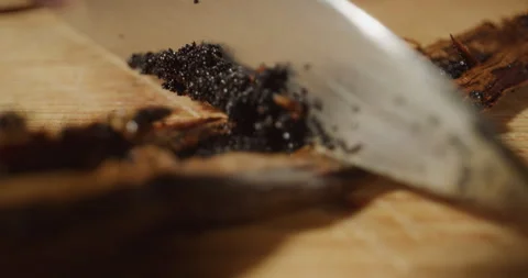 Scraping vanilla bean stem with knife closeup Video stock 249367691