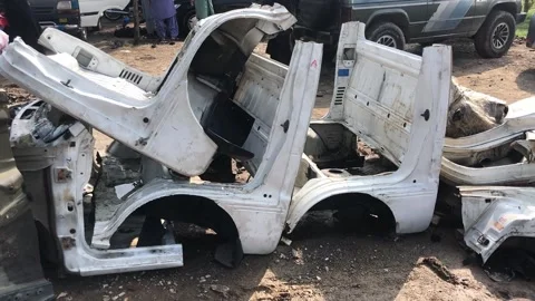 Scrapped Car Body Shells and Doors in Auto Parts Yard 스톡 동영상 344642760