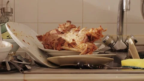 Scraps, Bones and goose or chiken skeleton on dirty dishes and mess after a Stock Footage 264464835