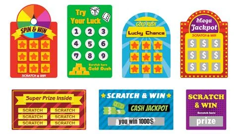 Scratch and Win Lottery Cards and Spin Wheel Game Set. Scratch Off Lottery .. Stock Illustration