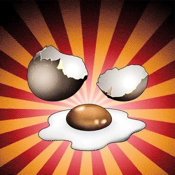 Scratchboard Engraved Broken Egg on Striped Background Stock Illustration