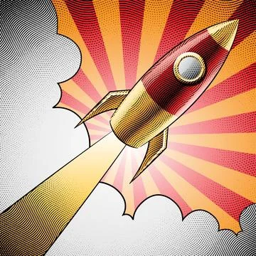 Scratchboard Engraved Diagonal Rocket and Clouds on Striped Background Illustrazione stock