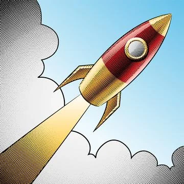 Scratchboard Engraved Diagonal Rocket and Clouds with Colorful Fill Stock Illustration