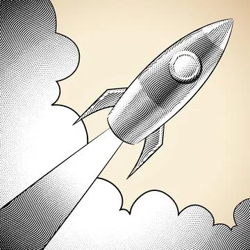 Scratchboard Engraved Diagonal Rocket and Clouds with White Fill Stock Illustration