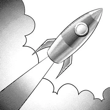 Scratchboard Engraved Diagonal Rocket and Clouds Stock Illustration