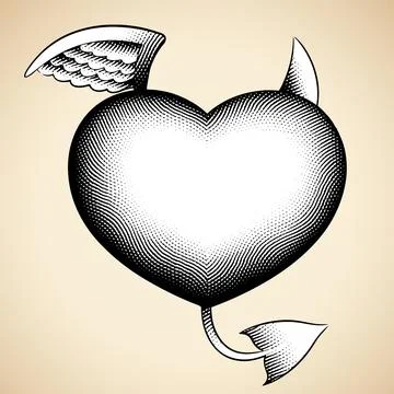 Scratchboard Engraved Good and Evil Heart with White Fill Stock Illustration