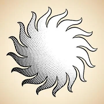 Scratchboard Engraved Icon of Sun with White Fill Stock Illustration
