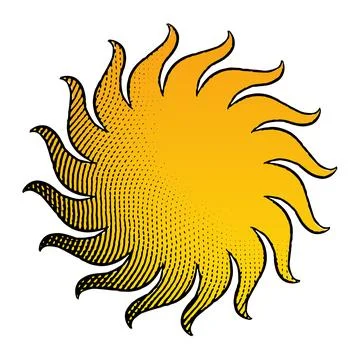 Scratchboard Engraved Icon of Sun with Yellow Fill Stock Illustration