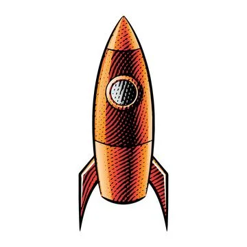 Scratchboard Engraved Illustration of a Rocket with Orange Fill Illustrazione stock