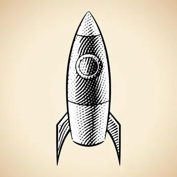 Scratchboard Engraved Illustration of a Rocket with White Fill Stock Illustration