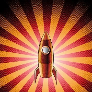 Scratchboard Engraved Orange Rocket Over a Red Striped Background Stock Illustration